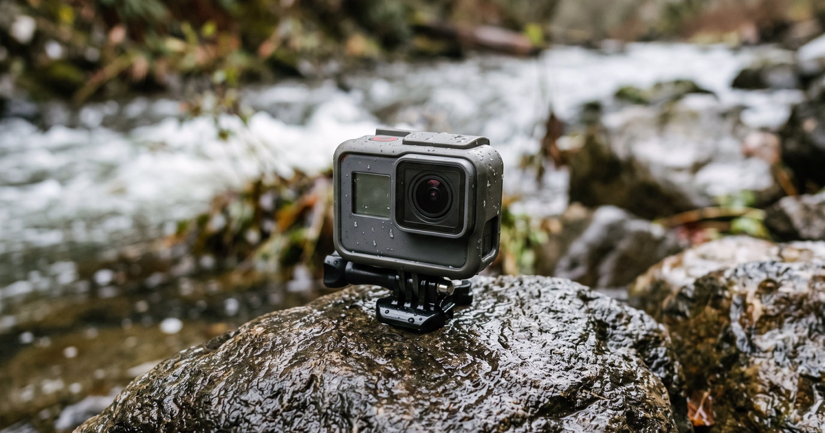 A small action camera on a wet rock beside a mountain stream in overcast light