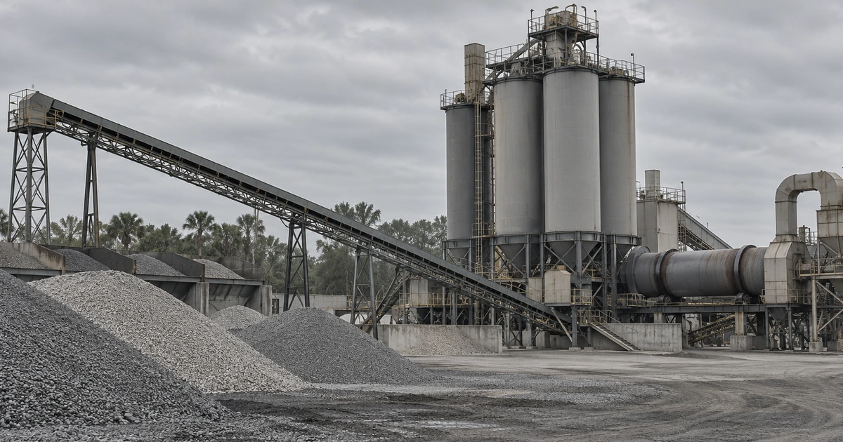 An asphalt mixing plant with storage silos and conveyors at an industrial site under an overcast sky
