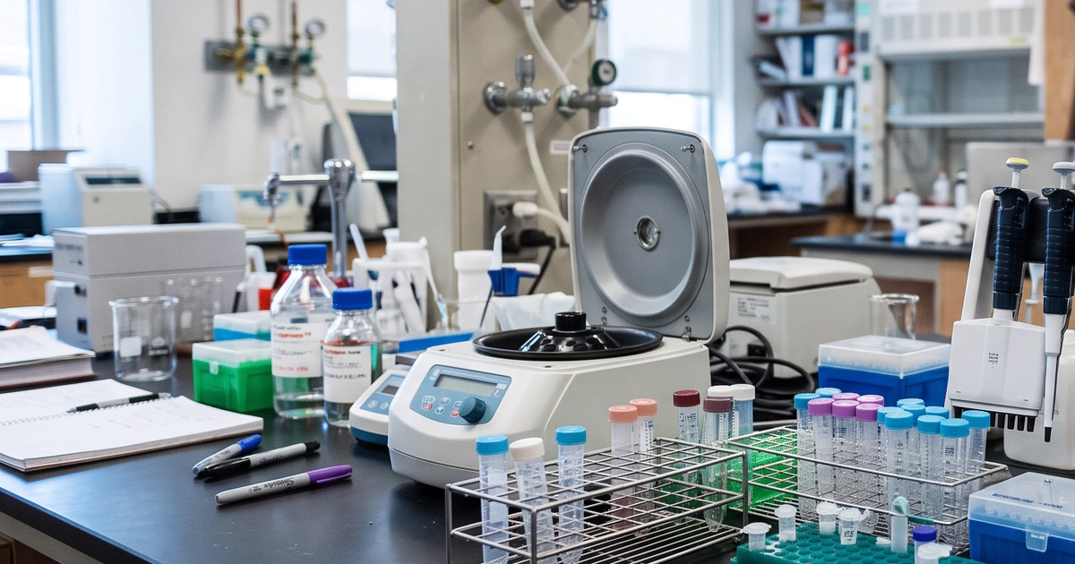 Rows of glass vials and lab equipment on a laboratory bench in soft light