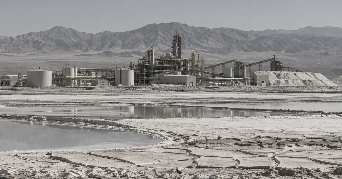 A dry lake bed with evaporation ponds and an industrial mineral processing plant under a pale desert sky