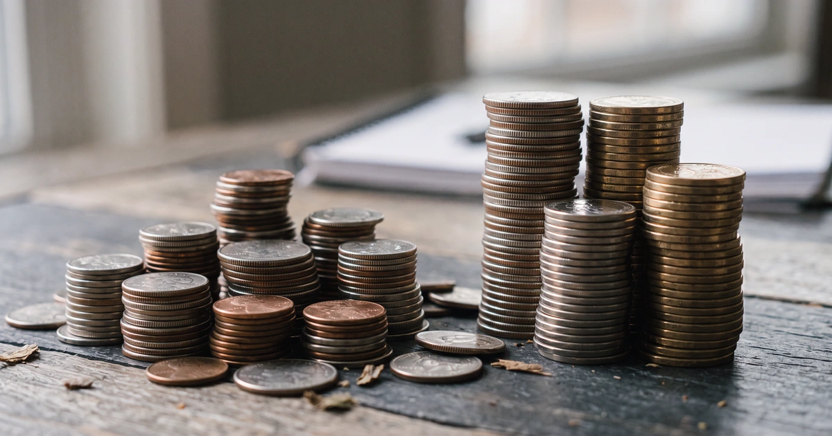Stacks of coins being combined into fewer, taller stacks on a dark table