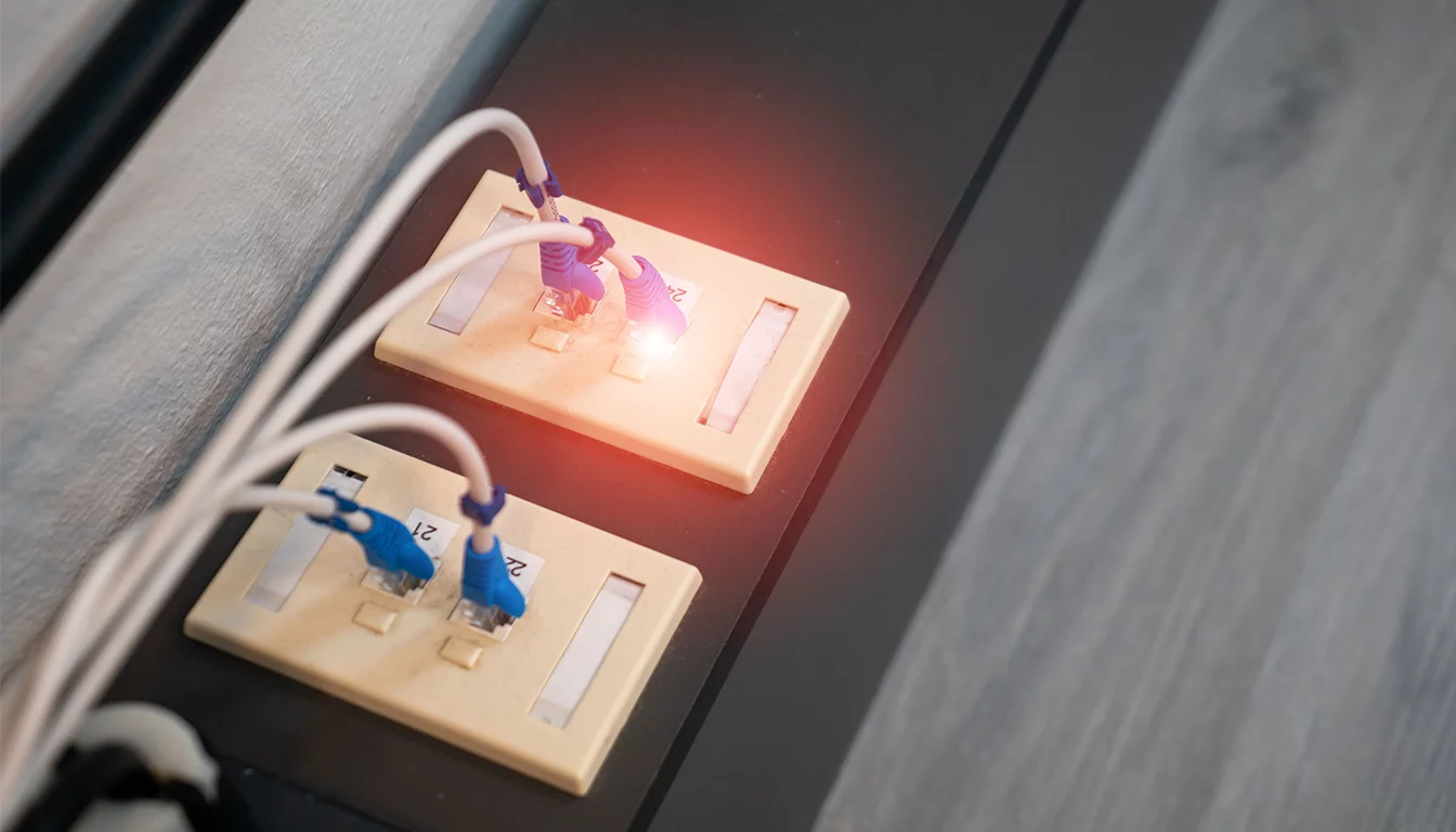 Fiber optic patch panel in a telecommunications equipment rack representing networking and connectivity suppliers