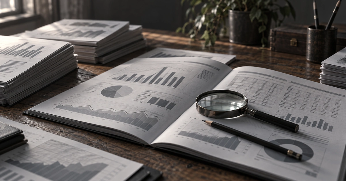 A desk with printed financial filings, a magnifying glass and a pencil in low natural light