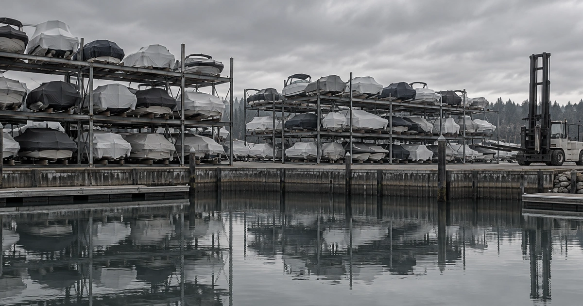 Rows of covered recreational boats stored on racks at a marina boatyard under an overcast sky