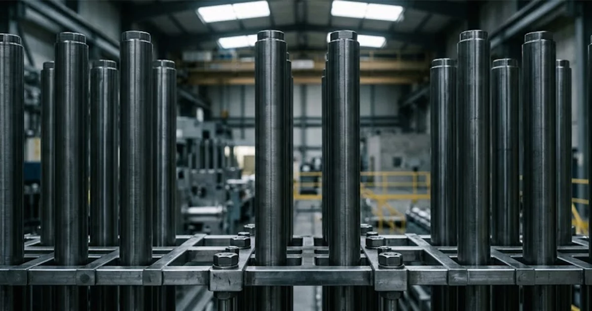 Metallic nuclear fuel elements racked in a fabrication facility