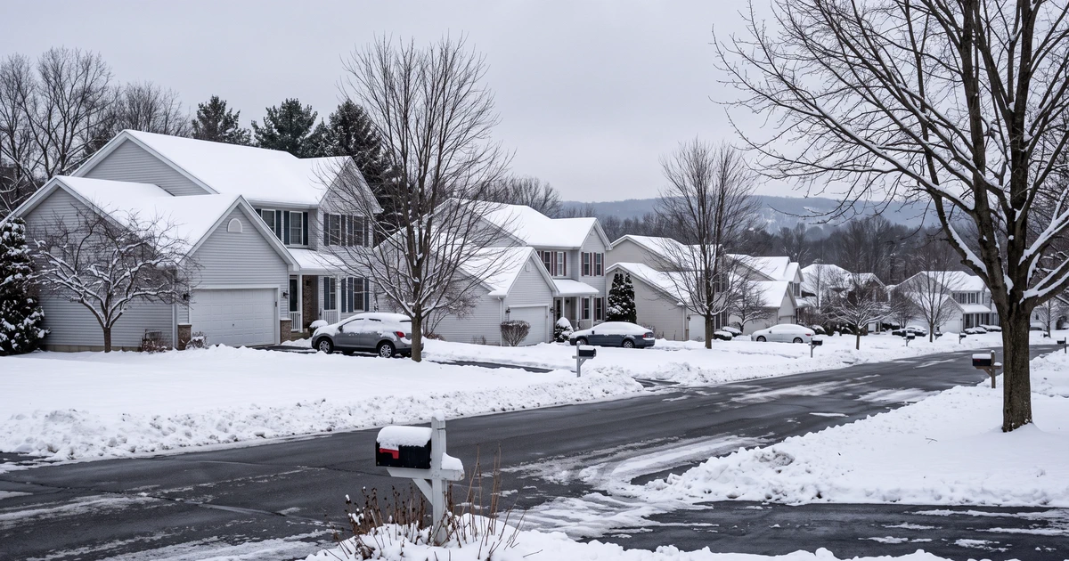 A row of suburban homes with snow on the roofs under a grey winter sky