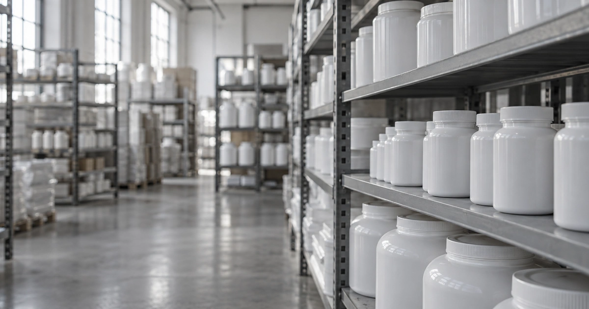 Rows of plain supplement bottles and sealed jars on warehouse shelving in soft light