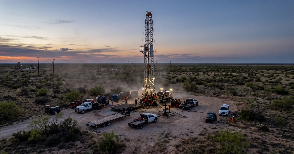 A workover rig and pickup trucks at an oil well site on flat scrubland at dusk