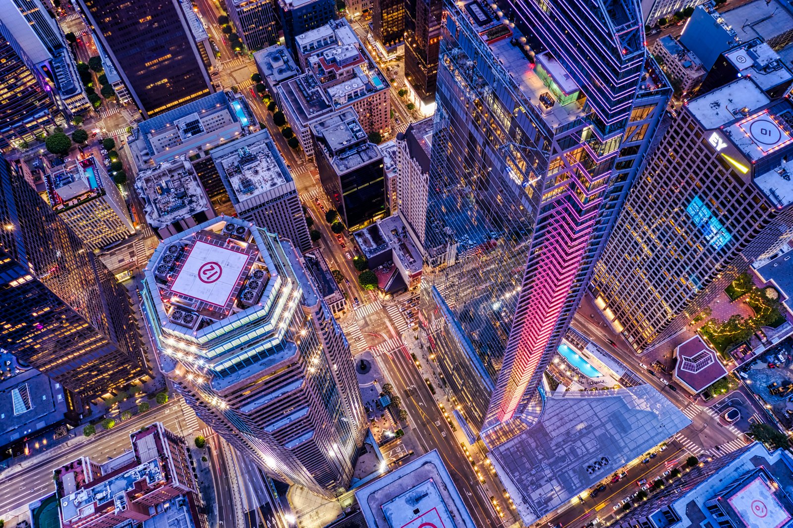 Financial district aerial at night